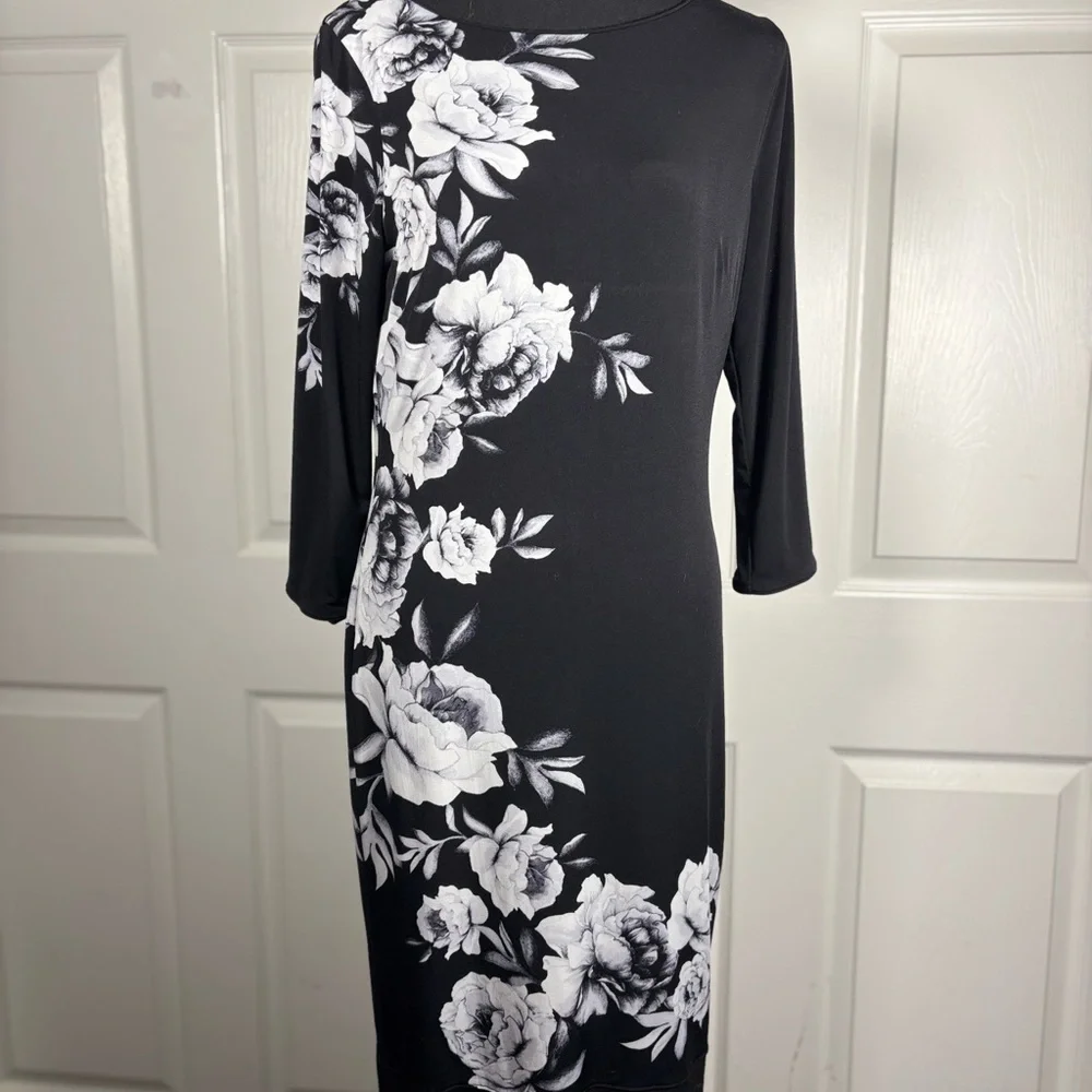 White House Black Market Asymmetrical Black Dress with White Floral Design - Picture 3 of 13